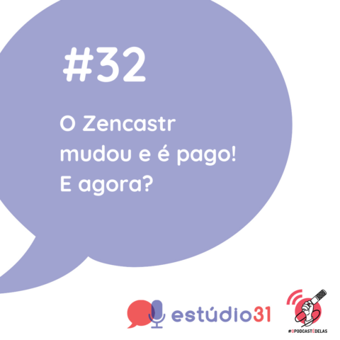 Quadro branco com imagem de balão de conversa azul. Dentro está o título do episódio e embaixo a logo do podcast e selo da #OPodcastÉDelas